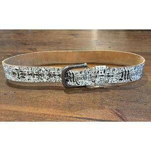 Vintage 80s Manchester Ltd Belt 34 Leather Black White Graphic Goth Grunge Rare